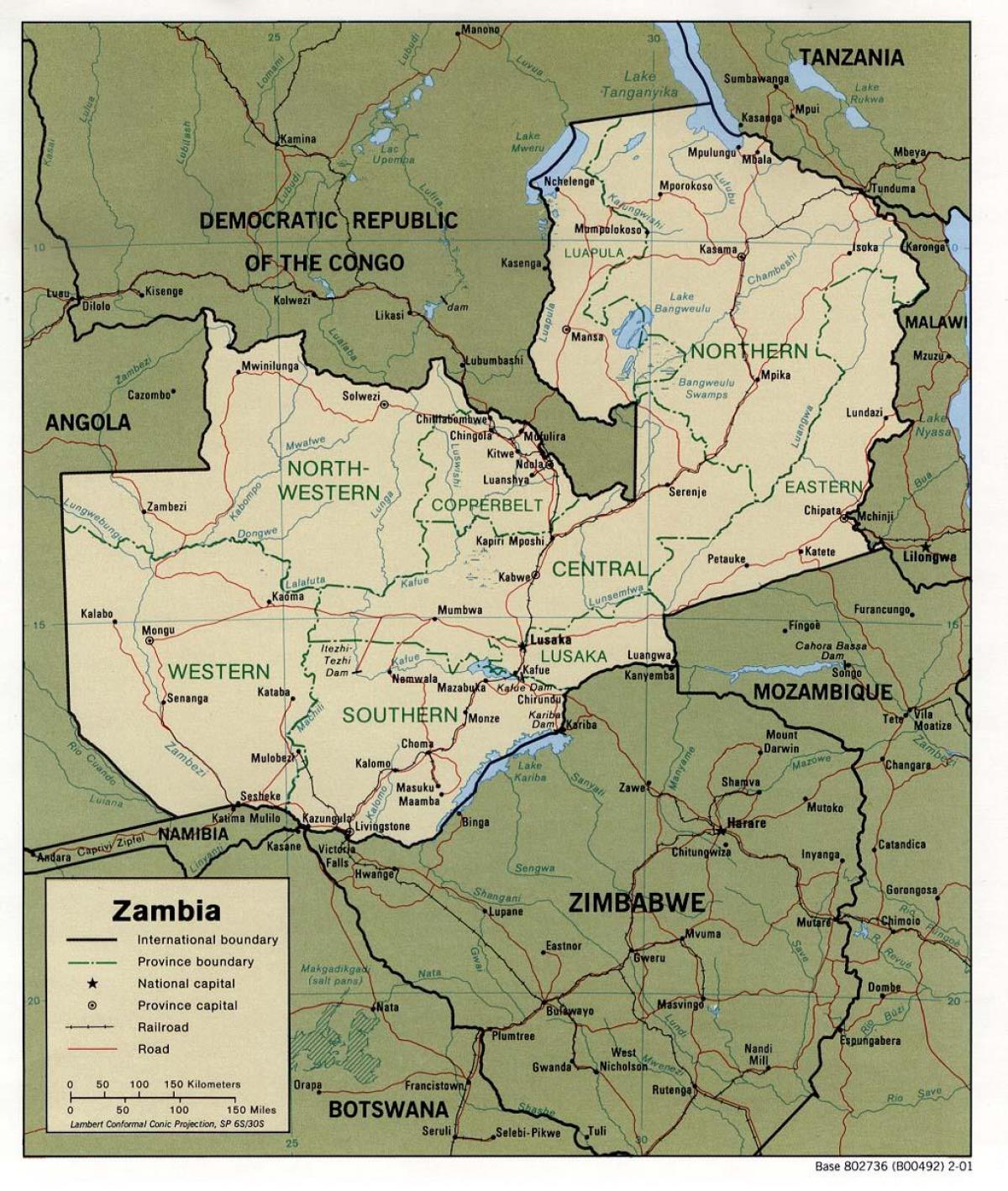 Zambia fysieke kenmerken kaart