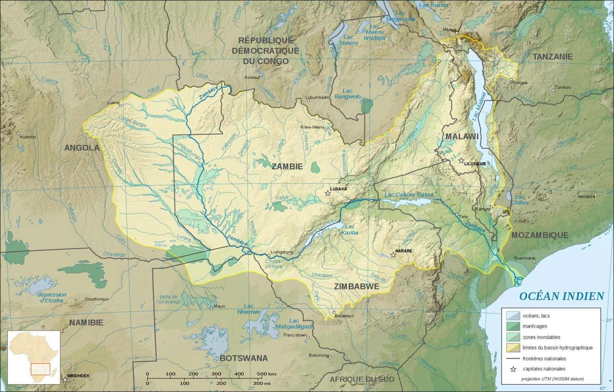 kaart van Zambia tonen van rivieren en meren
