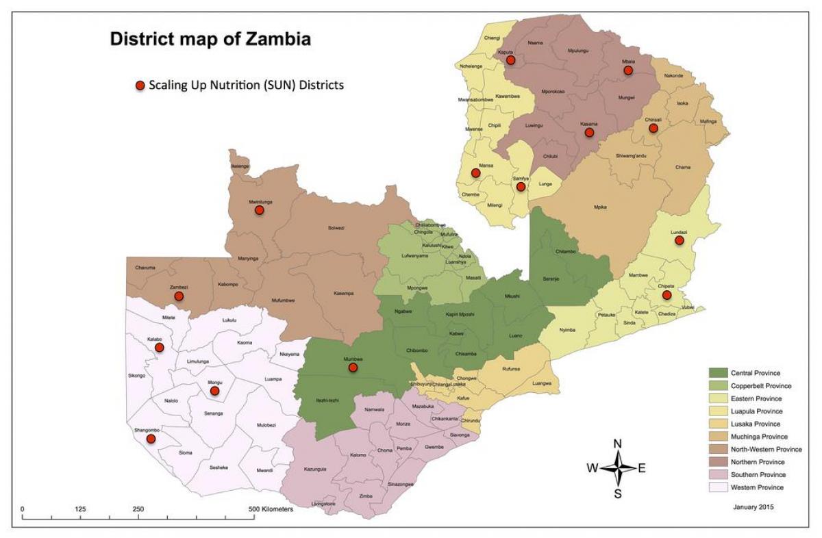 Zambia wijken bijgewerkte kaart