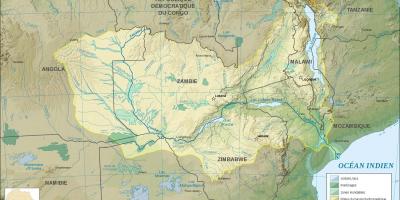 Kaart van Zambia tonen van rivieren en meren